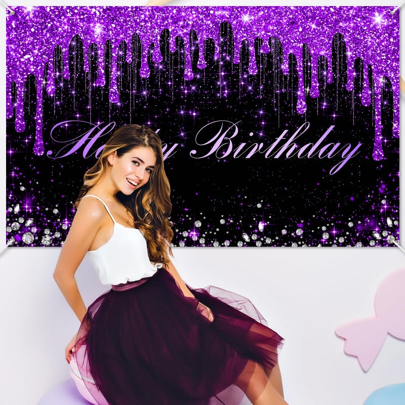 Avezano Purple Happy Birthday Banner for Women Girls Purple and Black Happy Birthday Party Decorations Glitter Diamonds Sweet 16 18th 21th B-day Party Supplies 70.8 x 43.3 Inch - Image 5