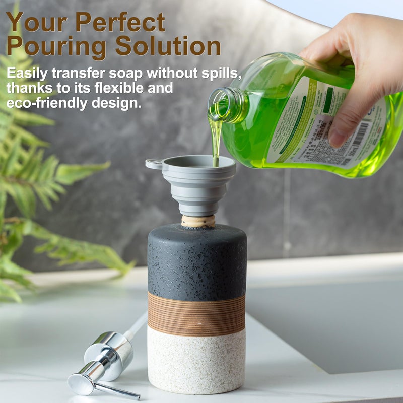 Cormomu Dish Soap Dispenser Set with Silicone Funnel, Hand Soap, Shampoo, Body Wash, Ceramic Liquid Soap Dispenser for Kitchen and Bathroom Countertops, Stainless Steel Pump, Non Slip, 12 Oz, Black - Image 4