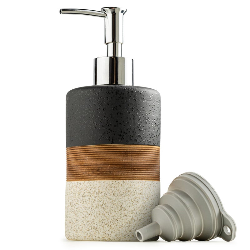 Cormomu Dish Soap Dispenser Set with Silicone Funnel, Hand Soap, Shampoo, Body Wash, Ceramic Liquid Soap Dispenser for Kitchen and Bathroom Countertops, Stainless Steel Pump, Non Slip, 12 Oz, Black - Image 1
