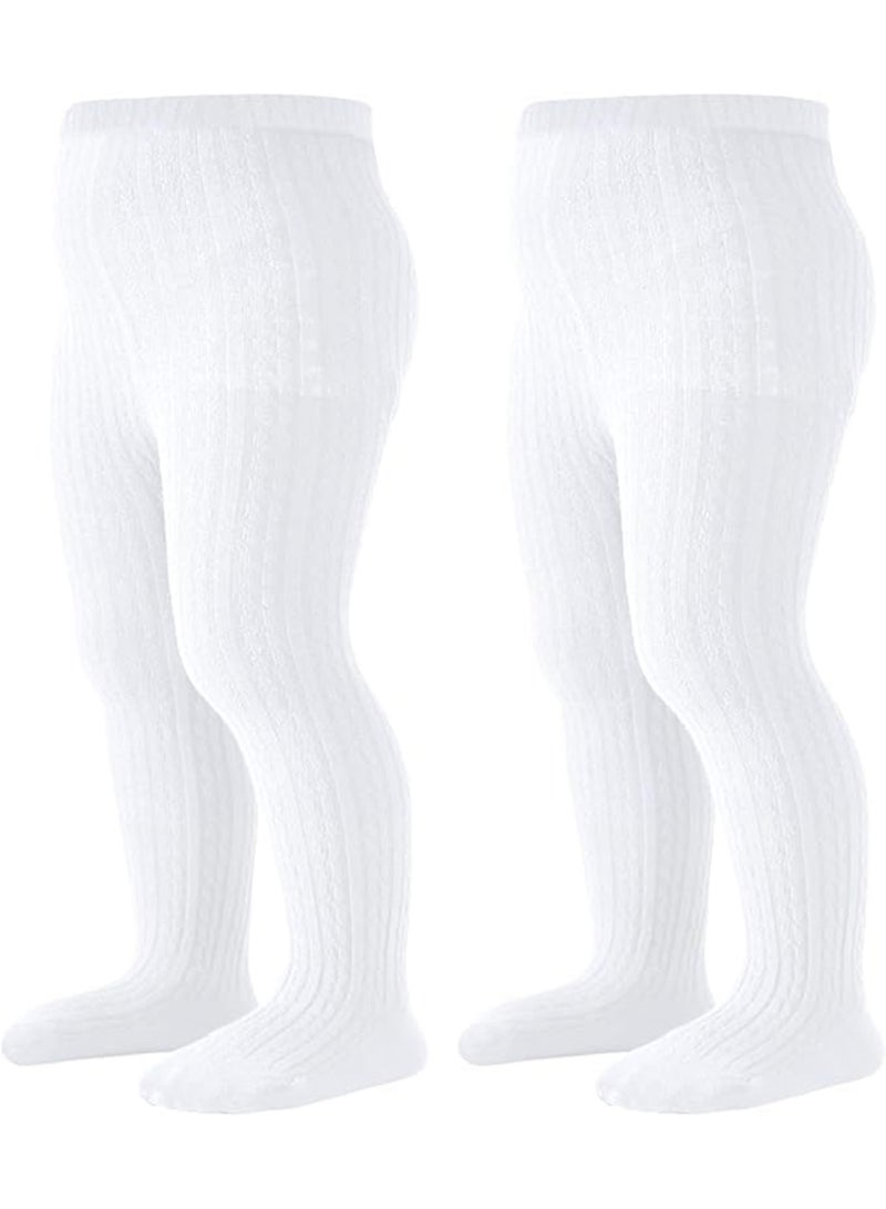 2 Pack Baby Tights, Cable Knit Cotton Warm Leggings, White, for 12-24 Months Toddlers - Image 1