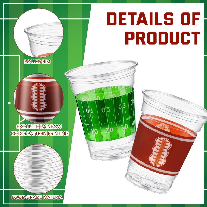Layhit 100 Pcs Football Party Disposable Cups 12 oz Football Disposable Thick Clear Plastic Green Cocktail Cups Decorations for Tailgate Party Game Time Supplies Decorations - Image 2