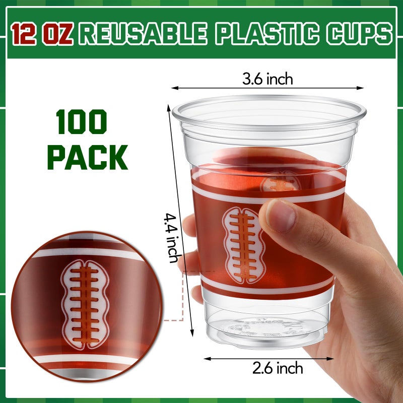 Layhit 100 Pcs Football Party Disposable Cups 12 oz Football Disposable Thick Clear Plastic Green Cocktail Cups Decorations for Tailgate Party Game Time Supplies Decorations - Image 3