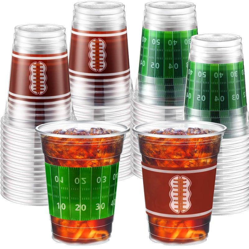 Layhit 100 Pcs Football Party Disposable Cups 12 oz Football Disposable Thick Clear Plastic Green Cocktail Cups Decorations for Tailgate Party Game Time Supplies Decorations - Image 1