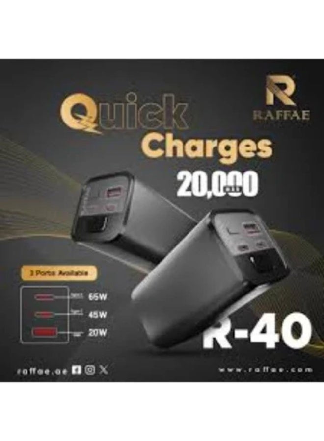 Raffae R-40 20000mAh Power Bank | 65W Fast Charging | Dual Type-C & USB | Quick Charge & Power Delivery | Compact & Travel Friendly - Image 2