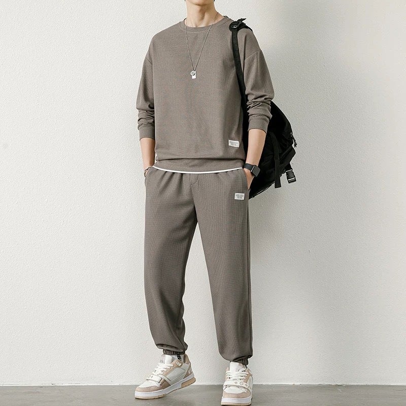 Spring and Autumn 2024 New Mens Long Sleeve Sweat Trousers Waffley Casual Sports Student Youth Loose suit brown 