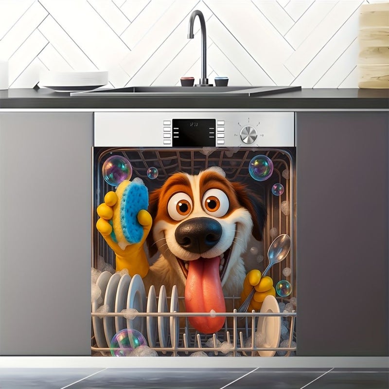 Scratch Resistant Vinyl Dishwasher Door Magnet 65cm Cute Dog Washing Dishes Design - Image 4