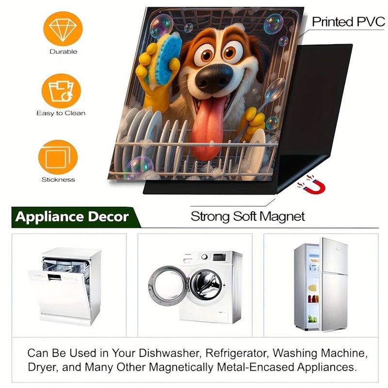 Scratch Resistant Vinyl Dishwasher Door Magnet 65cm Cute Dog Washing Dishes Design - Image 3