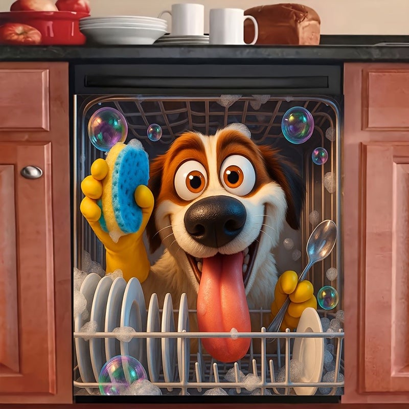 Scratch Resistant Vinyl Dishwasher Door Magnet 65cm Cute Dog Washing Dishes Design - Image 1