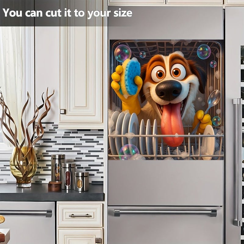 Scratch Resistant Vinyl Dishwasher Door Magnet 65cm Cute Dog Washing Dishes Design - Image 2