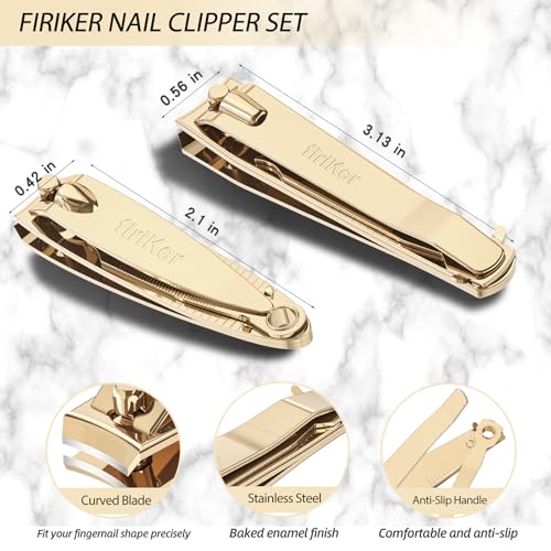 firiKer Nail Clipper Set, Sturdy Stainless Steel Fingernails & Toenails Clippers & Nail File, Sharp Effortless Fingernail Toenail Trimmer, Portable Nail Cutter for Women Men（Golden） - Image 2