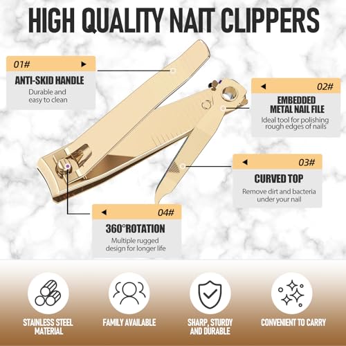 firiKer Nail Clipper Set, Sturdy Stainless Steel Fingernails & Toenails Clippers & Nail File, Sharp Effortless Fingernail Toenail Trimmer, Portable Nail Cutter for Women Men（Golden） - Image 3