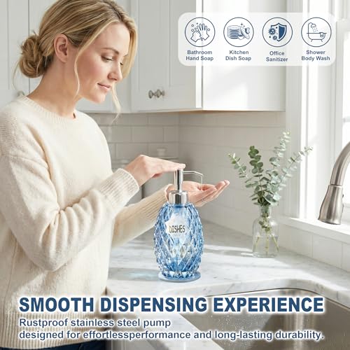 MALACHI Soap Dispenser Set, Crystal-Textured Diamond Glass with Rustproof Stainless Steel Pump, Dual-Labelled Hand & Dish Soap Dispenser for Kitchen & Bathroom - Image 4