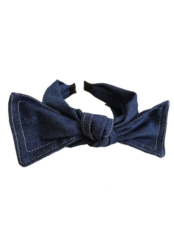 Teensery Denim Fabric Wide Knot Dot Headband Bowknot Hair Hoop for Teens Girls and Women Hair Accessories (Navy)  - Image 1