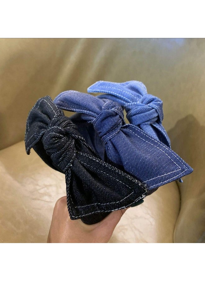 Teensery Denim Fabric Wide Knot Dot Headband Bowknot Hair Hoop for Teens Girls and Women Hair Accessories (Navy)  - Image 4