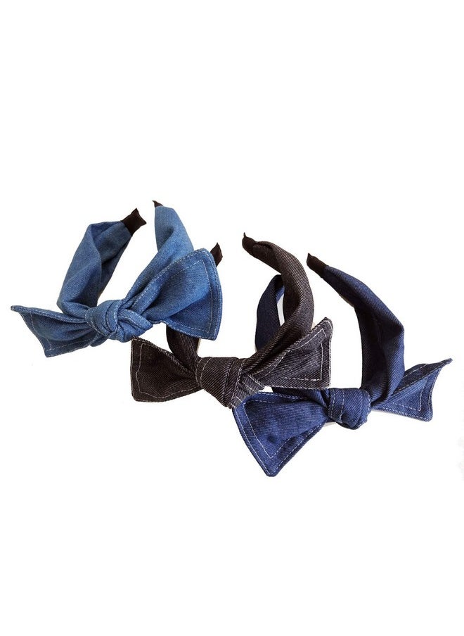Teensery Denim Fabric Wide Knot Dot Headband Bowknot Hair Hoop for Teens Girls and Women Hair Accessories (Navy)  - Image 3