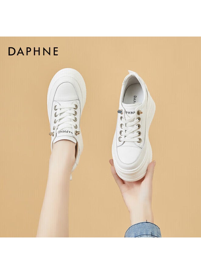 Daphne Two-layer Cowhide Casual Women's Shoes Small Height Increasing Platform Thick Sole Versatile White Sneakers Size 39 - Image 1