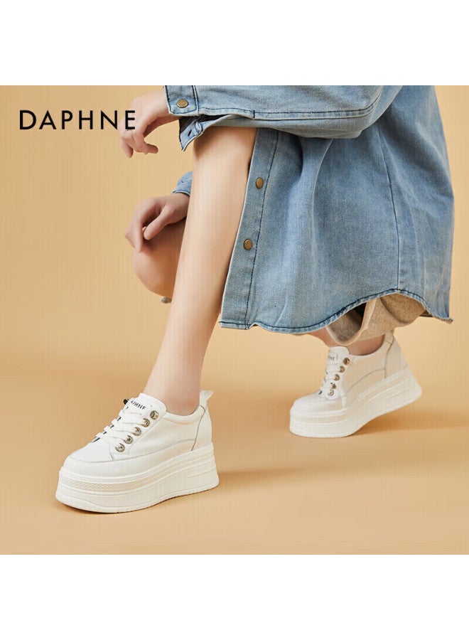 Daphne Two-layer Cowhide Casual Women's Shoes Small Height Increasing Platform Thick Sole Versatile White Sneakers Size 39 - Image 5