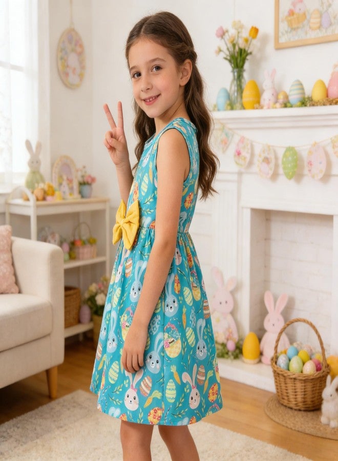 RETSUGO Toddler Girls Easter Dresses Kids Easter Eggs Bowknot Sleeveless Sundress Outfits Girls Party Bunny A-line Dress 1138-2T - Image 3
