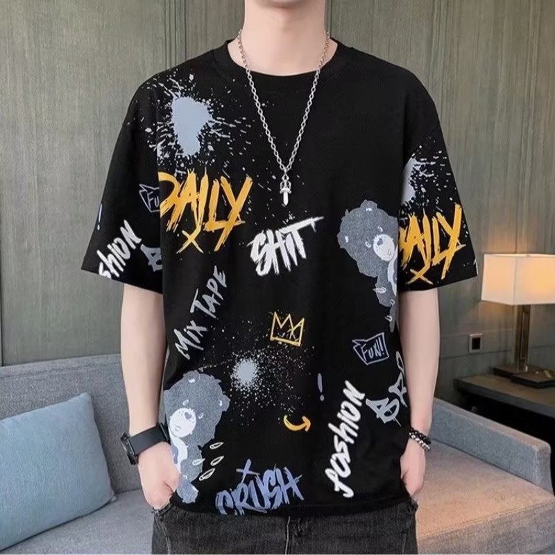 Loose Short Sleeve T-Shirt round Neck Printed Casual Summer Polyester Fiber Youth Fashion Basic Mass Market Thin Model Khaki  - Image 2