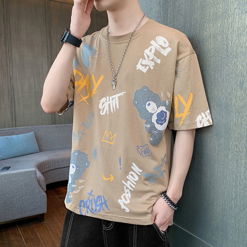 Loose Short Sleeve T-Shirt round Neck Printed Casual Summer Polyester Fiber Youth Fashion Basic Mass Market Thin Model Khaki  - Image 1
