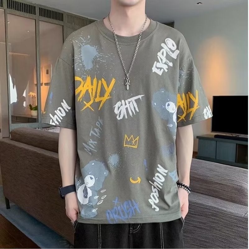 Loose Short Sleeve T-Shirt round Neck Printed Casual Summer Polyester Fiber Youth Fashion Basic Mass Market Thin Model Khaki  - Image 3