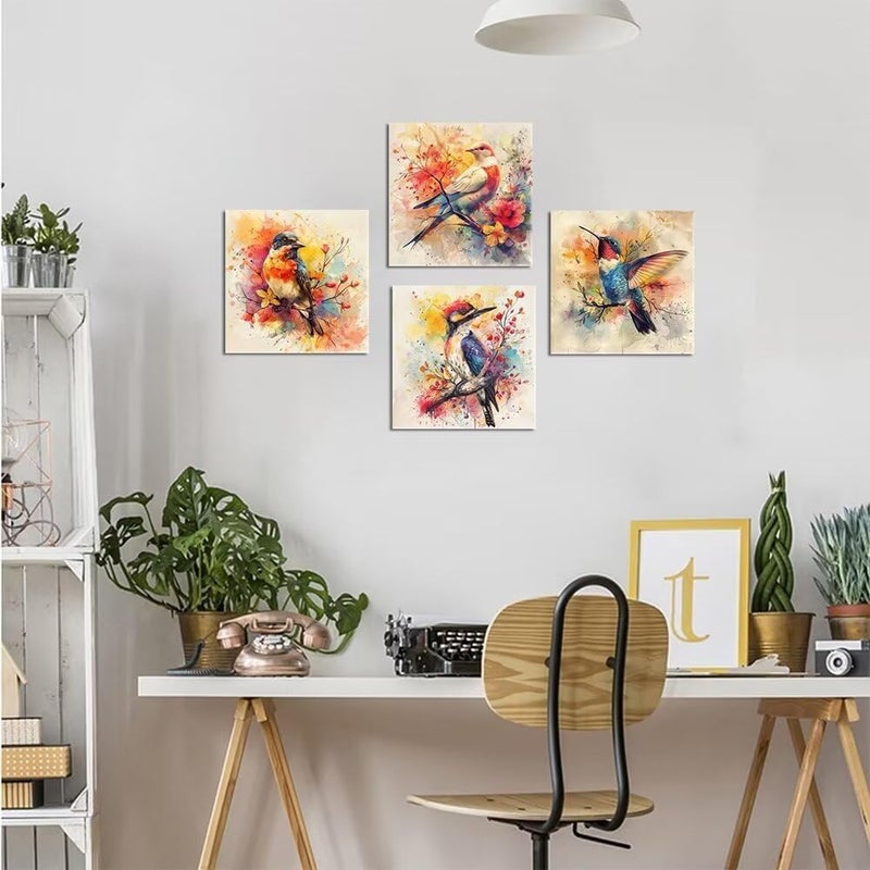 Wall HDQ Country Birds Floral Wall Decor Colorful Hummingbird Pictures Wall Art Watercolor Canvas Print Painting Framed Modern Home Artwork Decorations for Bedroom Kitchen Office Framed 4 Pieces - Image 3