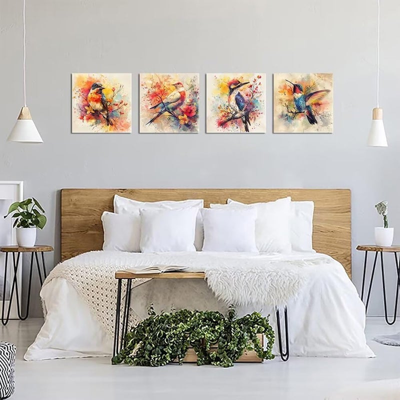 Wall HDQ Country Birds Floral Wall Decor Colorful Hummingbird Pictures Wall Art Watercolor Canvas Print Painting Framed Modern Home Artwork Decorations for Bedroom Kitchen Office Framed 4 Pieces - Image 4