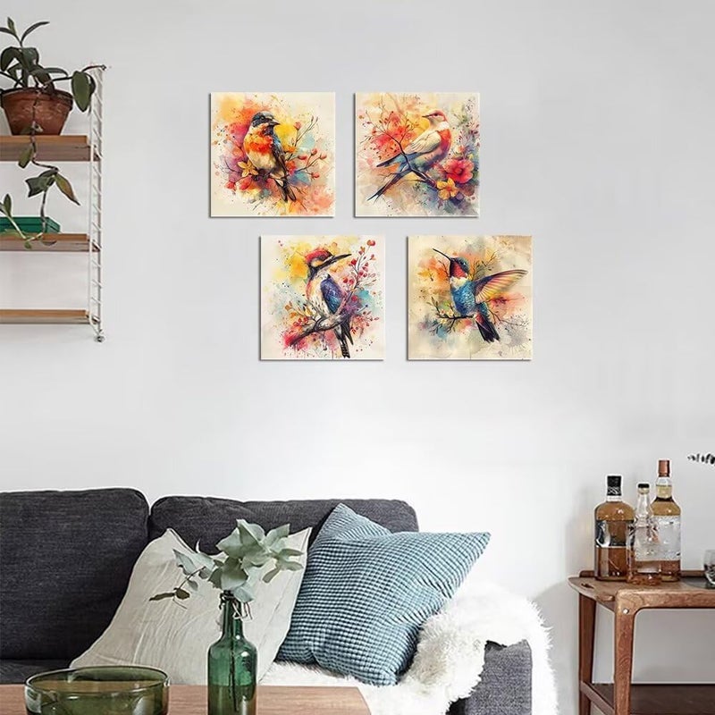 Wall HDQ Country Birds Floral Wall Decor Colorful Hummingbird Pictures Wall Art Watercolor Canvas Print Painting Framed Modern Home Artwork Decorations for Bedroom Kitchen Office Framed 4 Pieces - Image 2