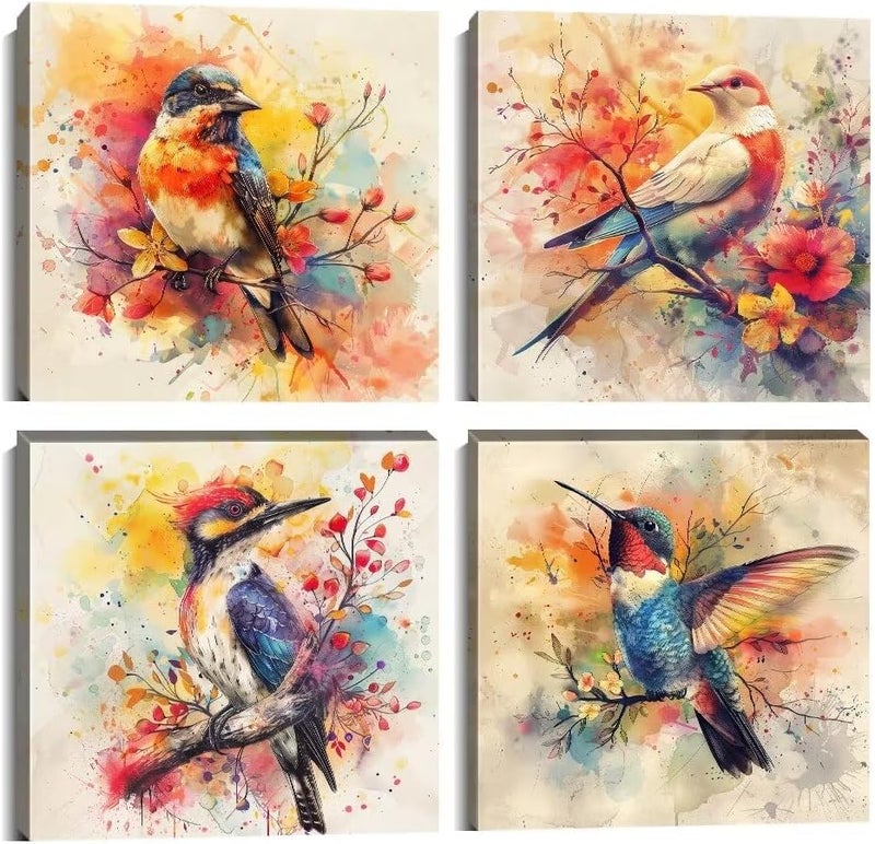 Wall HDQ Country Birds Floral Wall Decor Colorful Hummingbird Pictures Wall Art Watercolor Canvas Print Painting Framed Modern Home Artwork Decorations for Bedroom Kitchen Office Framed 4 Pieces - Image 1