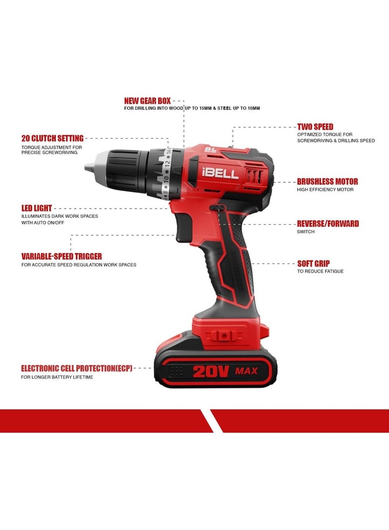 iBELL 20V Brushless Impact Driver Drill (Cordless) with 2 Batteries, Charger, Case and Screw Driver Bits - Image 2