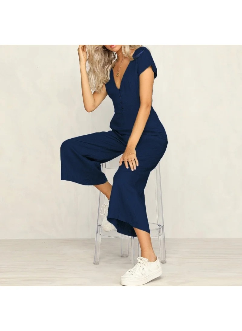 Barbora Linen Daily Summer V-Neck Short Leg Design Women's Jumpsuit LN1010LACIVERT10