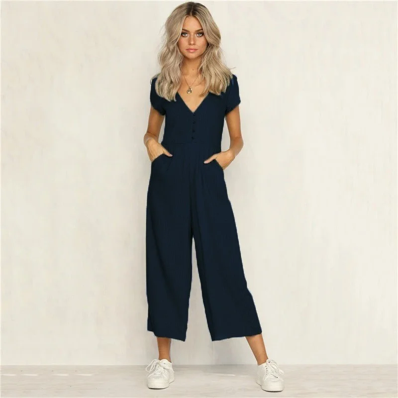 Barbora Linen Daily Summer V-Neck Short Leg Design Women's Jumpsuit LN1010LACIVERT10