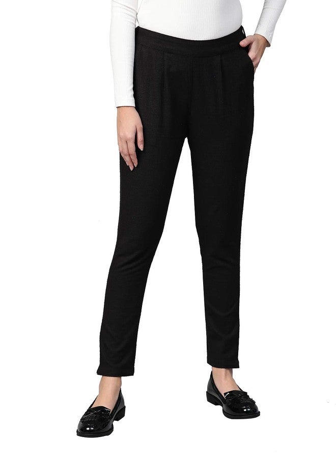 Yash Gallery Women's Solid Cotton Slub Regular Fit Mid Rise Ankle Length Trouser Pant (Black, XL) - Image 1