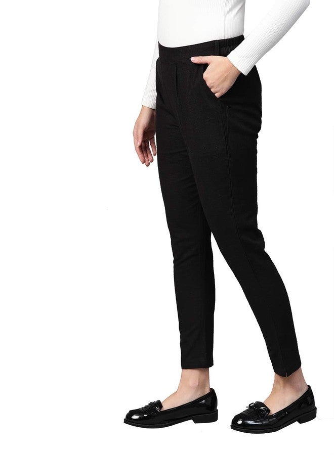 Yash Gallery Women's Solid Cotton Slub Regular Fit Mid Rise Ankle Length Trouser Pant (Black, XL) - Image 2