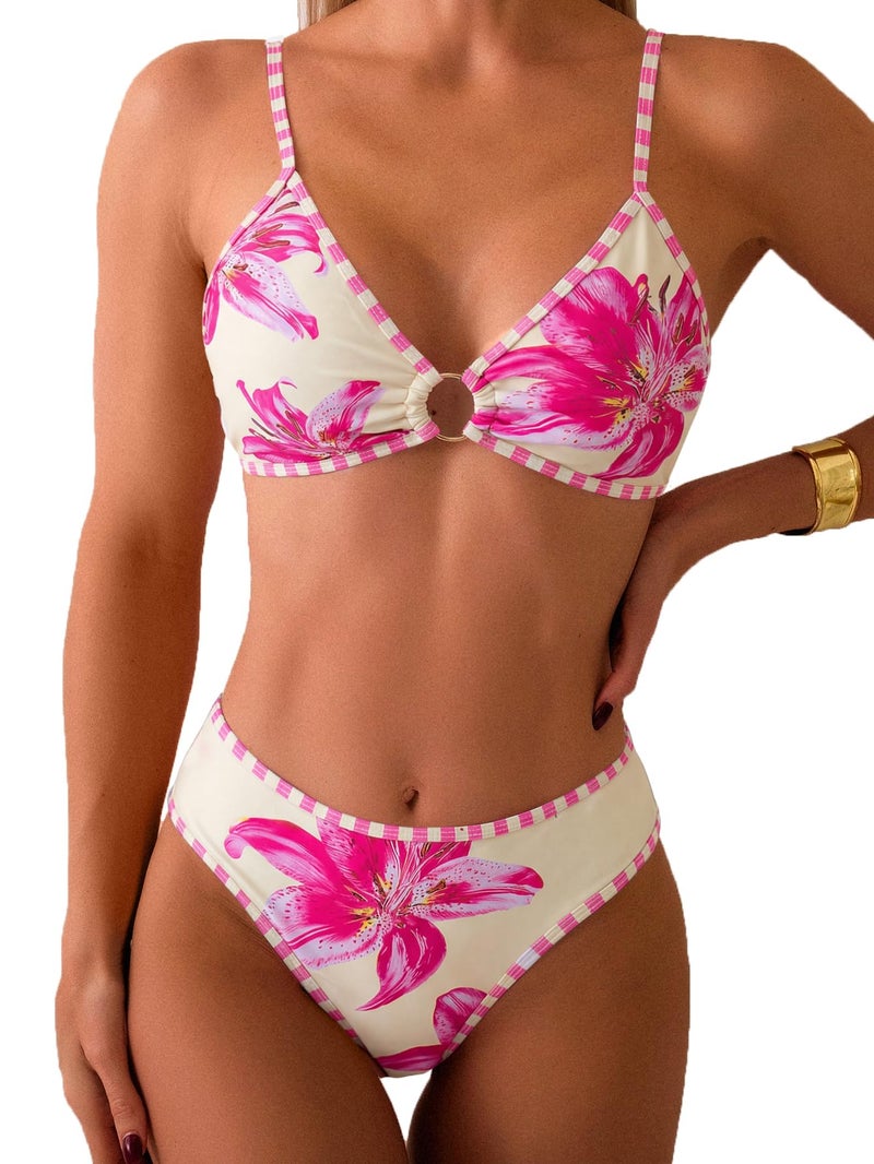 Tainehs Women's Two Piece Bikini Sets O Ring Front Top Ditsy Floral Triangle Swimsuits Cheeky Bathing Suit - Image 1