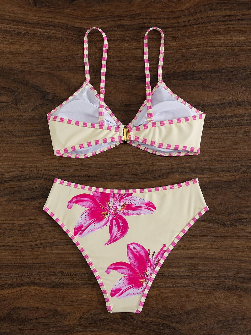 Tainehs Women's Two Piece Bikini Sets O Ring Front Top Ditsy Floral Triangle Swimsuits Cheeky Bathing Suit - Image 5