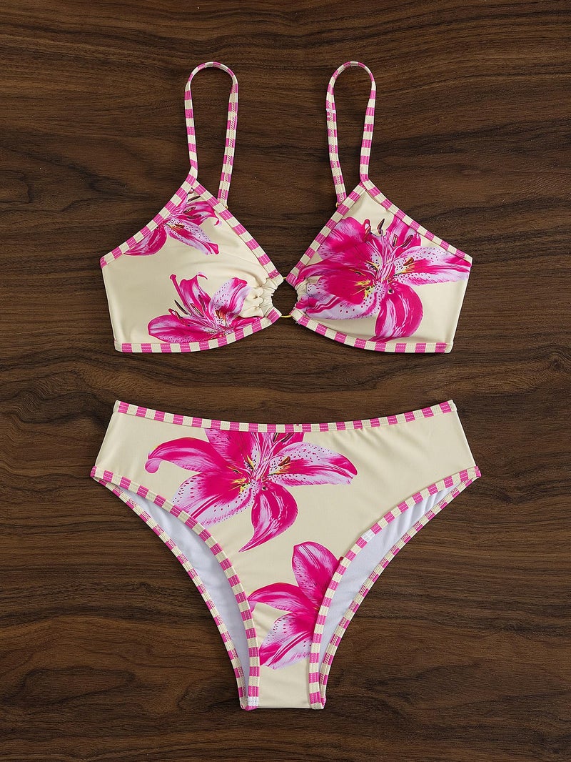 Tainehs Women's Two Piece Bikini Sets O Ring Front Top Ditsy Floral Triangle Swimsuits Cheeky Bathing Suit - Image 4