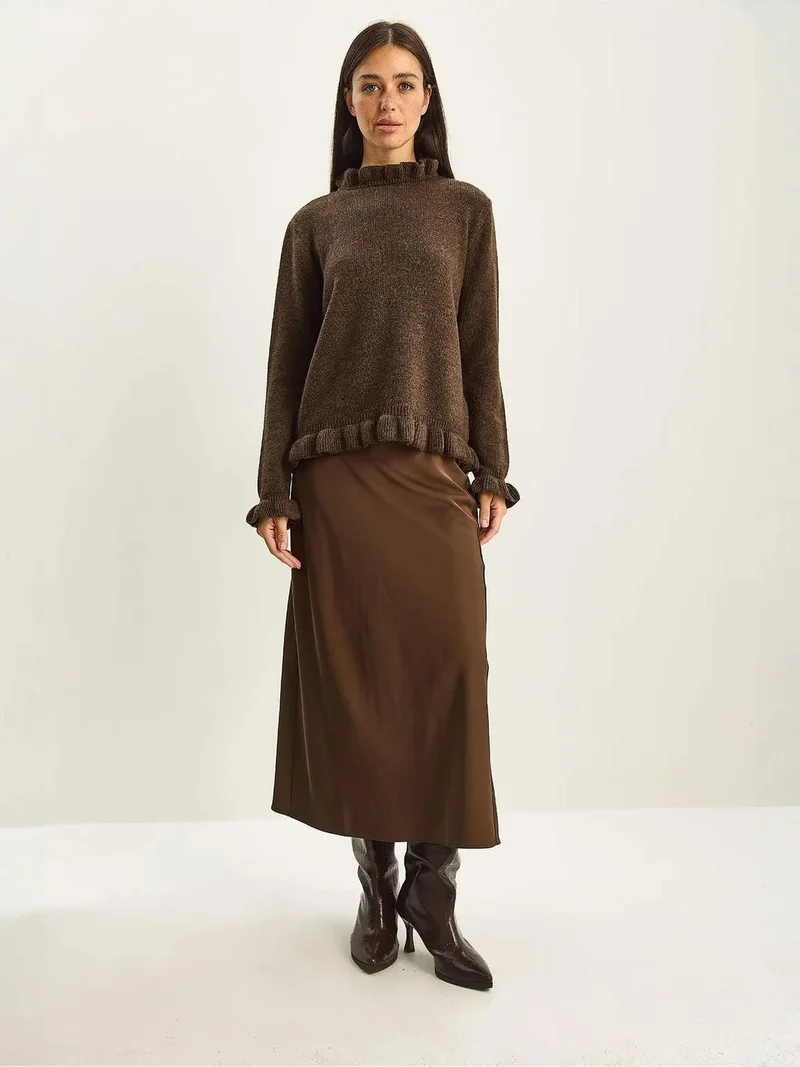 Bianco Lucci LUCCI Frilly Half Turtleneck Buttoned Knit Sweater