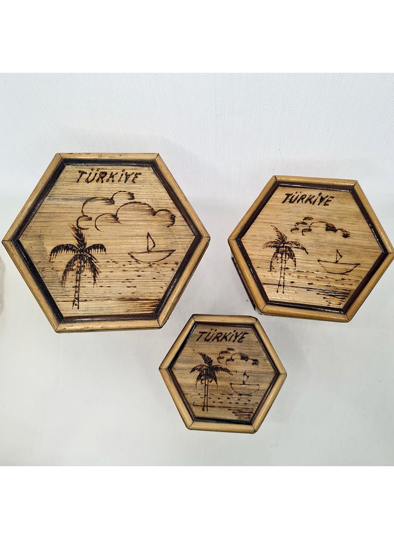 evinizdeki okyanus esintisi turkuaz hediyelik Hexagonal Bamboo Box-Set of 3  - Image 2