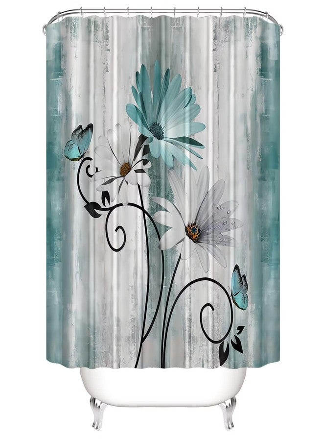 AZHM Rustic Farmhouse Shower Curtain Set 4pcs Farm Teal Daisy Floral Bathroom Decor Set with Shower Curtain and Rugs and Accessories - Image 2