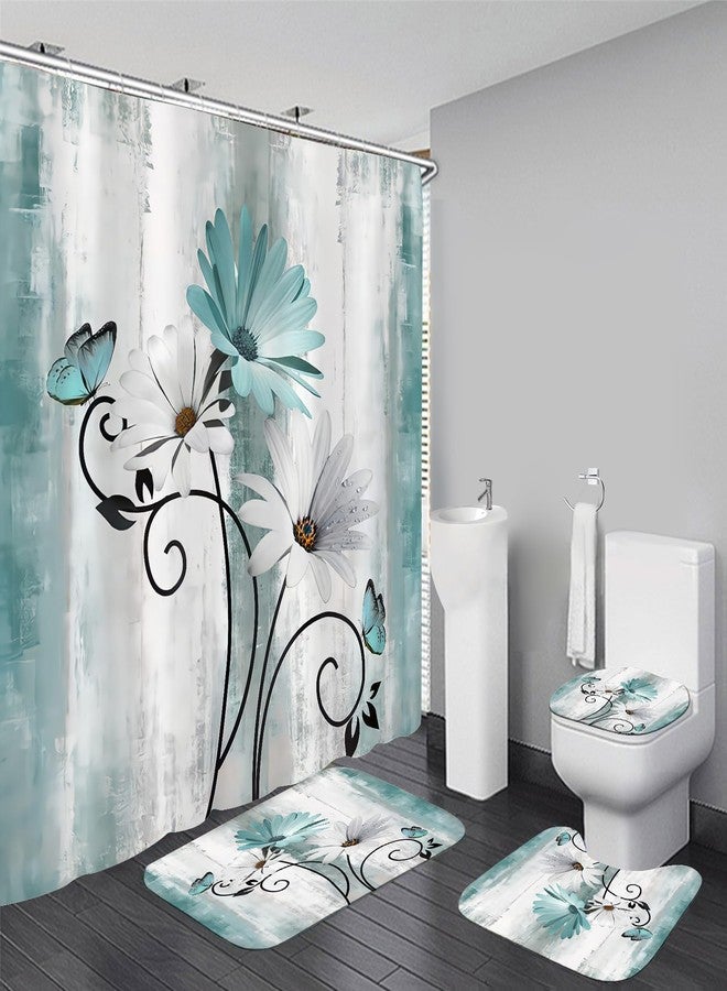 AZHM Rustic Farmhouse Shower Curtain Set 4pcs Farm Teal Daisy Floral Bathroom Decor Set with Shower Curtain and Rugs and Accessories - Image 1