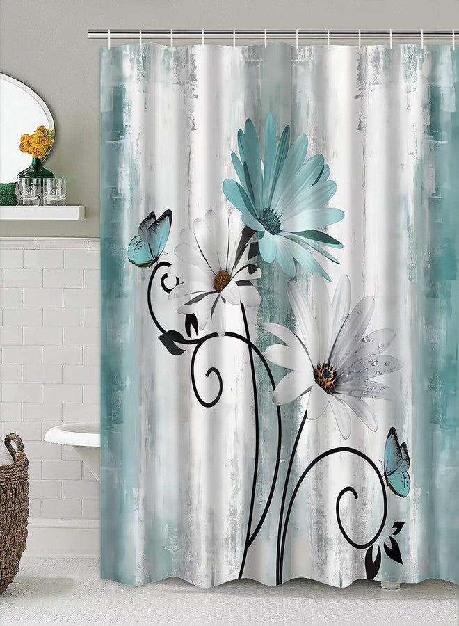 AZHM Rustic Farmhouse Shower Curtain Set 4pcs Farm Teal Daisy Floral Bathroom Decor Set with Shower Curtain and Rugs and Accessories - Image 5