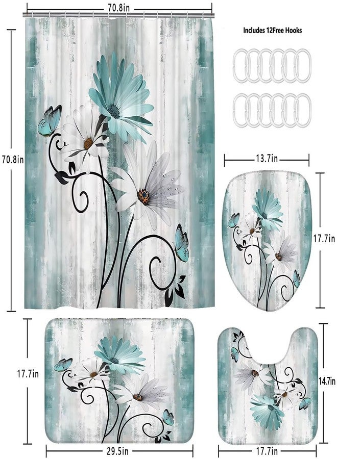 AZHM Rustic Farmhouse Shower Curtain Set 4pcs Farm Teal Daisy Floral Bathroom Decor Set with Shower Curtain and Rugs and Accessories - Image 4