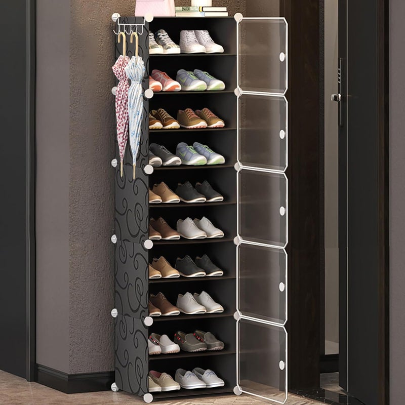 AYSIS Shelf Shoe Rack Box Plastic Shoe Rack for Home Plastic Shelves, Plastic Home Shoes Storage, PP Plastic Cabinets with Metal Door Frame, Chappal Slipper Shoe Stand (Black, 10-SHELF-5-DOOR) - Image 1