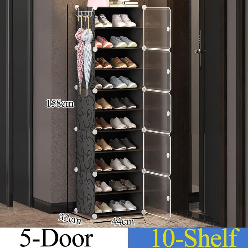 AYSIS Shelf Shoe Rack Box Plastic Shoe Rack for Home Plastic Shelves, Plastic Home Shoes Storage, PP Plastic Cabinets with Metal Door Frame, Chappal Slipper Shoe Stand (Black, 10-SHELF-5-DOOR) - Image 2