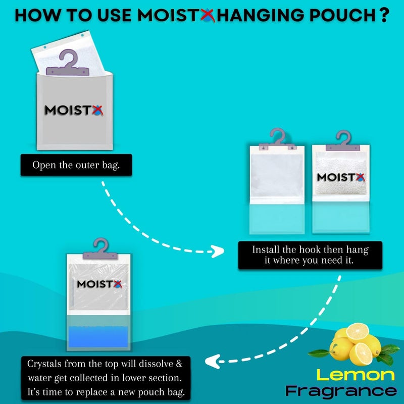 MOISTX MOISTX Moisture Absorber 200g Hanging Pouch with dual benefits Lemon Fragrance Capacity to trap 500ml of moisture from air For Wardrobe Kitchen Cabinet Bathroom - Image 4