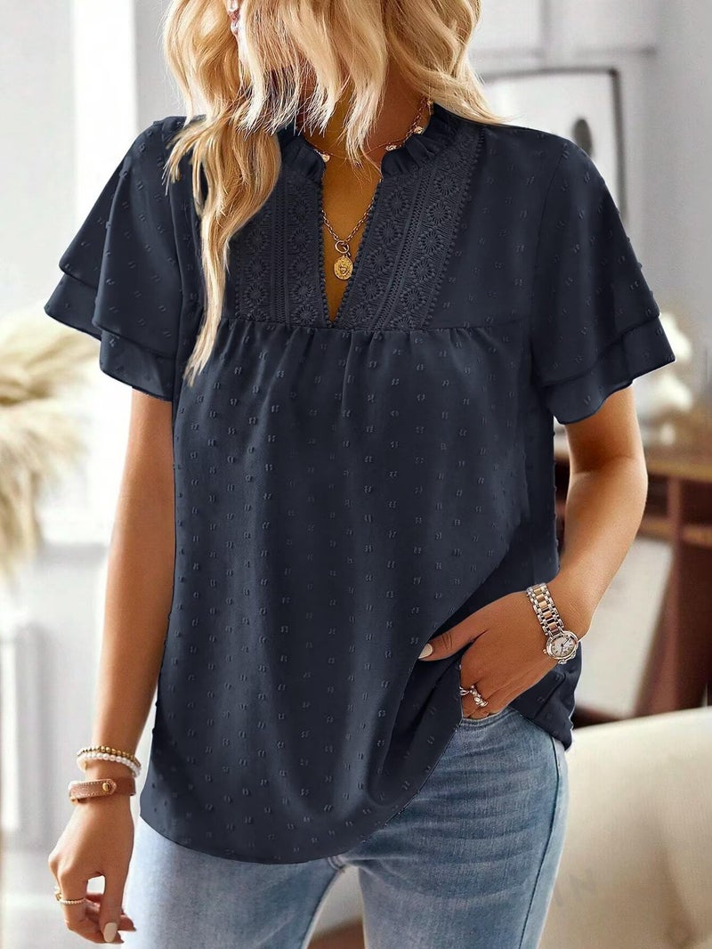 Falechay Plus Size Tops for Women Dressy Casual Short Sleeves Going Out Womens Blouses V Neck Ruffle Sleeve Summer Shirts Business Cute Swiss Dot Boho Top Bohemian Flowy Shirt Navy Blue 2XL - Image 2