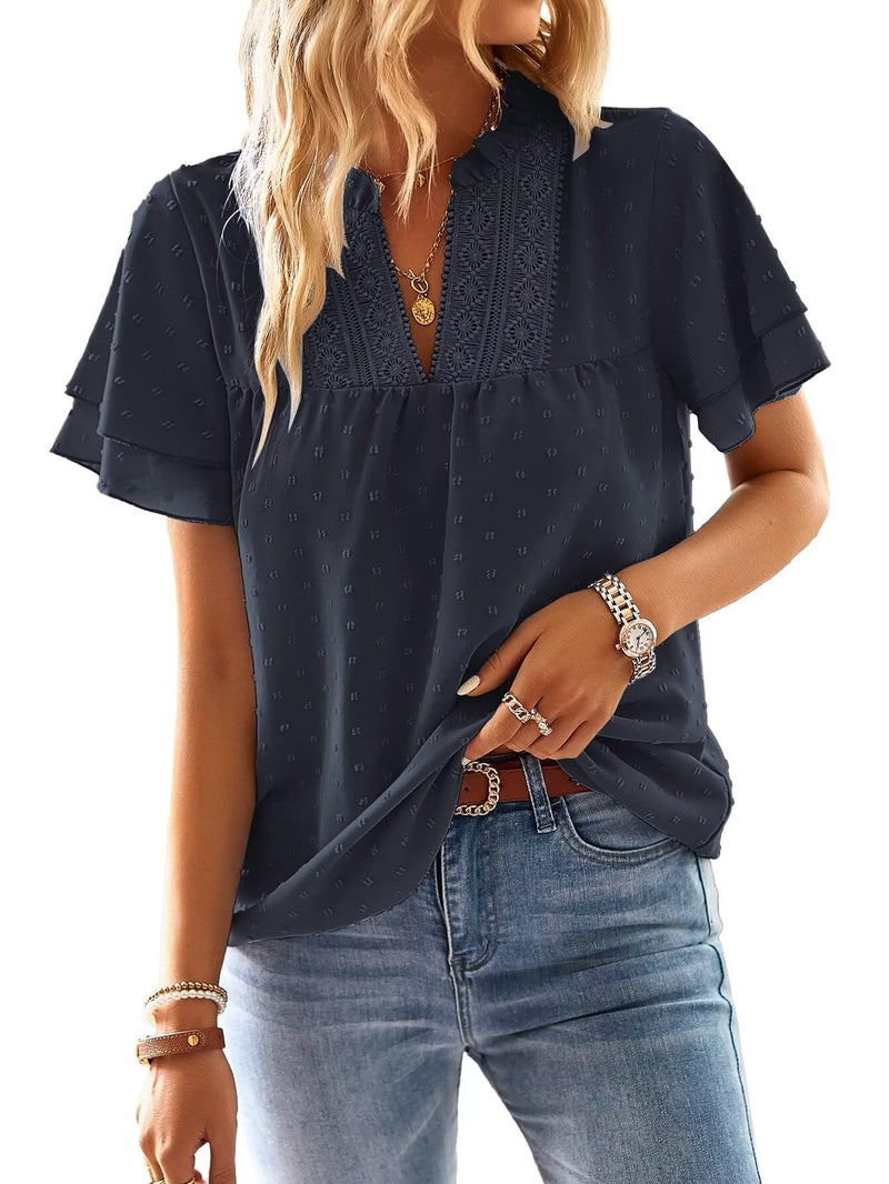 Falechay Plus Size Tops for Women Dressy Casual Short Sleeves Going Out Womens Blouses V Neck Ruffle Sleeve Summer Shirts Business Cute Swiss Dot Boho Top Bohemian Flowy Shirt Navy Blue 2XL - Image 1