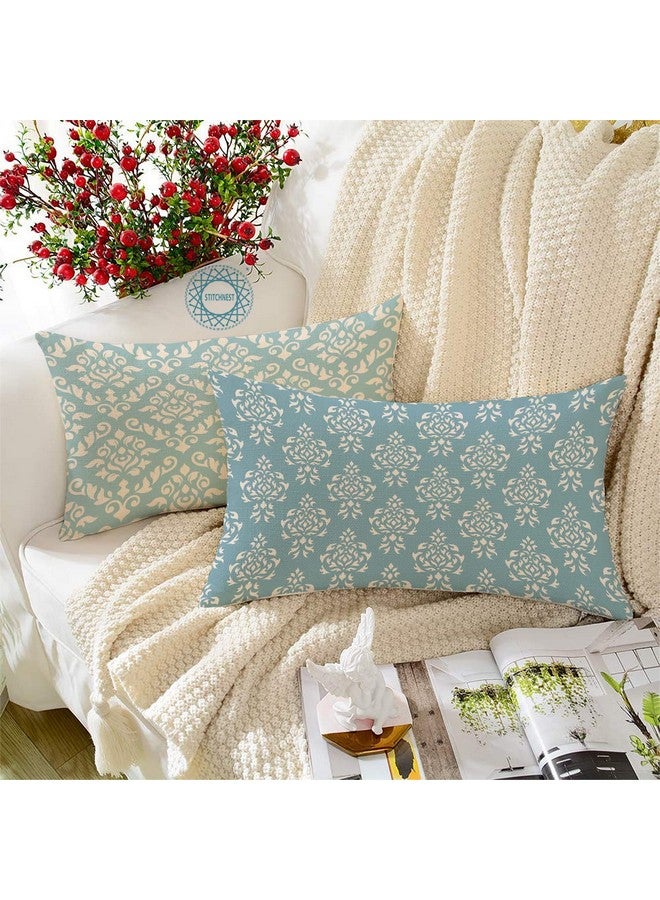 STITCHNEST Set of 2 Polycotton Cushion Covers - 12x18 Inches - Teal & Cream Ethnic Damask Print - Elegant Cushion Covers for Sofa, Couch & Living Room Decor - Image 1