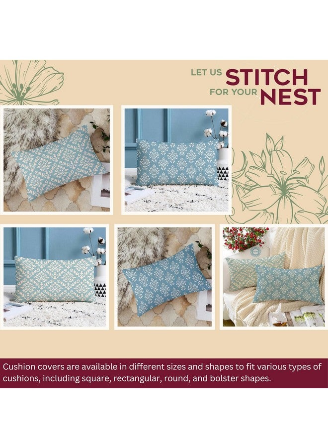 STITCHNEST Set of 2 Polycotton Cushion Covers - 12x18 Inches - Teal & Cream Ethnic Damask Print - Elegant Cushion Covers for Sofa, Couch & Living Room Decor - Image 2